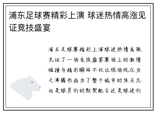 浦东足球赛精彩上演 球迷热情高涨见证竞技盛宴