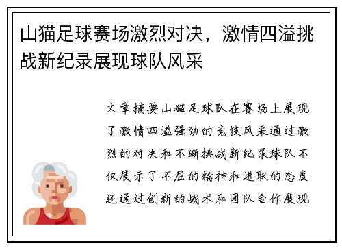 山猫足球赛场激烈对决,激情四溢挑战新纪录展现球队风采