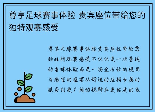 尊享足球赛事体验 贵宾座位带给您的独特观赛感受