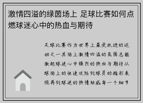 激情四溢的绿茵场上 足球比赛如何点燃球迷心中的热血与期待