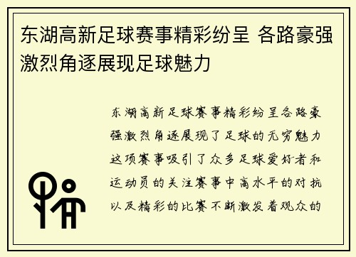 东湖高新足球赛事精彩纷呈 各路豪强激烈角逐展现足球魅力