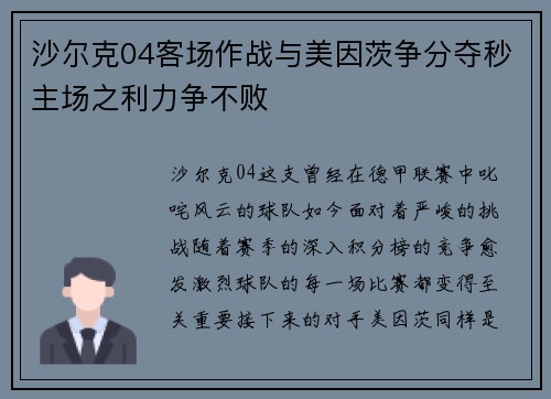 沙尔克04客场作战与美因茨争分夺秒主场之利力争不败