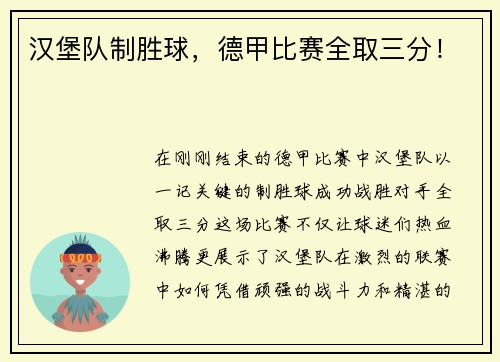 汉堡队制胜球,德甲比赛全取三分!