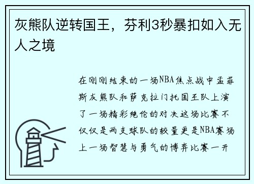 灰熊队逆转国王，芬利3秒暴扣如入无人之境