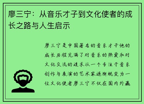 廖三宁：从音乐才子到文化使者的成长之路与人生启示