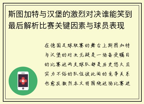 斯图加特与汉堡的激烈对决谁能笑到最后解析比赛关键因素与球员表现