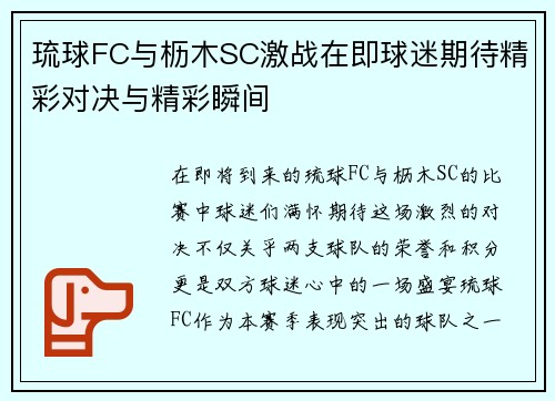 琉球FC与枥木SC激战在即球迷期待精彩对决与精彩瞬间