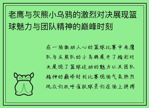 老鹰与灰熊小乌鸦的激烈对决展现篮球魅力与团队精神的巅峰时刻