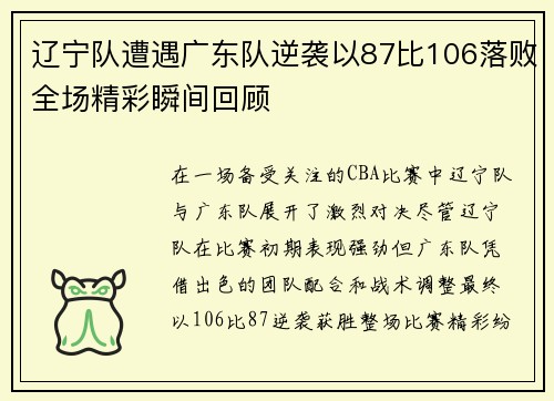 辽宁队遭遇广东队逆袭以87比106落败全场精彩瞬间回顾