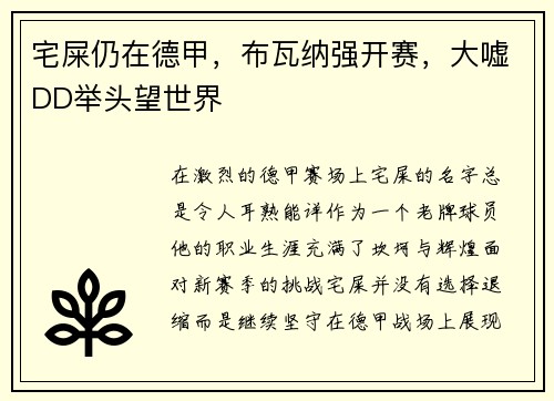 宅屎仍在德甲,布瓦纳强开赛,大嘘DD举头望世界