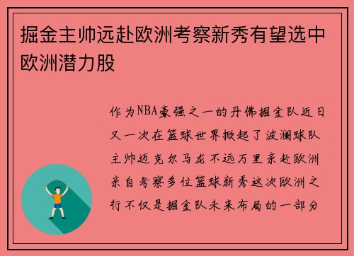 掘金主帅远赴欧洲考察新秀有望选中欧洲潜力股