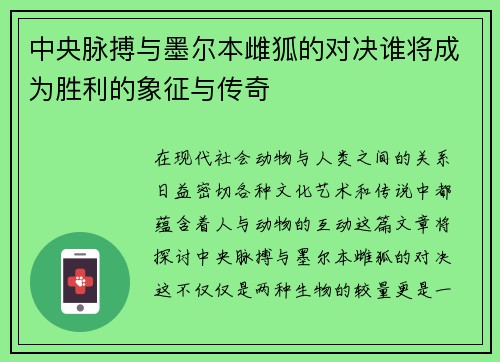 中央脉搏与墨尔本雌狐的对决谁将成为胜利的象征与传奇