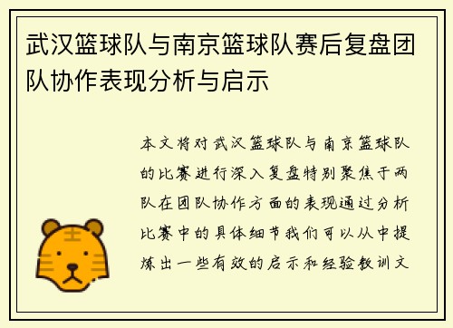 武汉篮球队与南京篮球队赛后复盘团队协作表现分析与启示